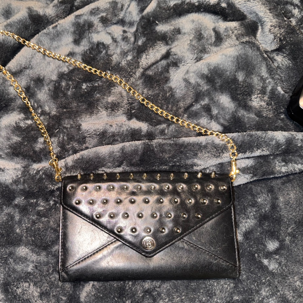 Rebecca Minkoff Black Studded Leather wallet purse with Gold Chain - Picture 1 of 16